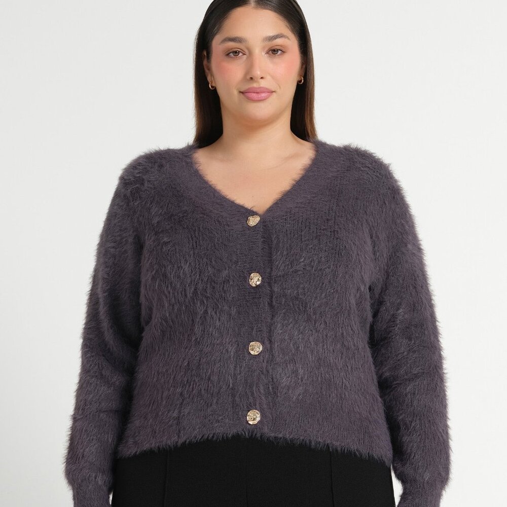 NWT Estelle Chantelle Fluffy Eyelash Knit Cardigan Mauve Slate Gold Buttons 16W